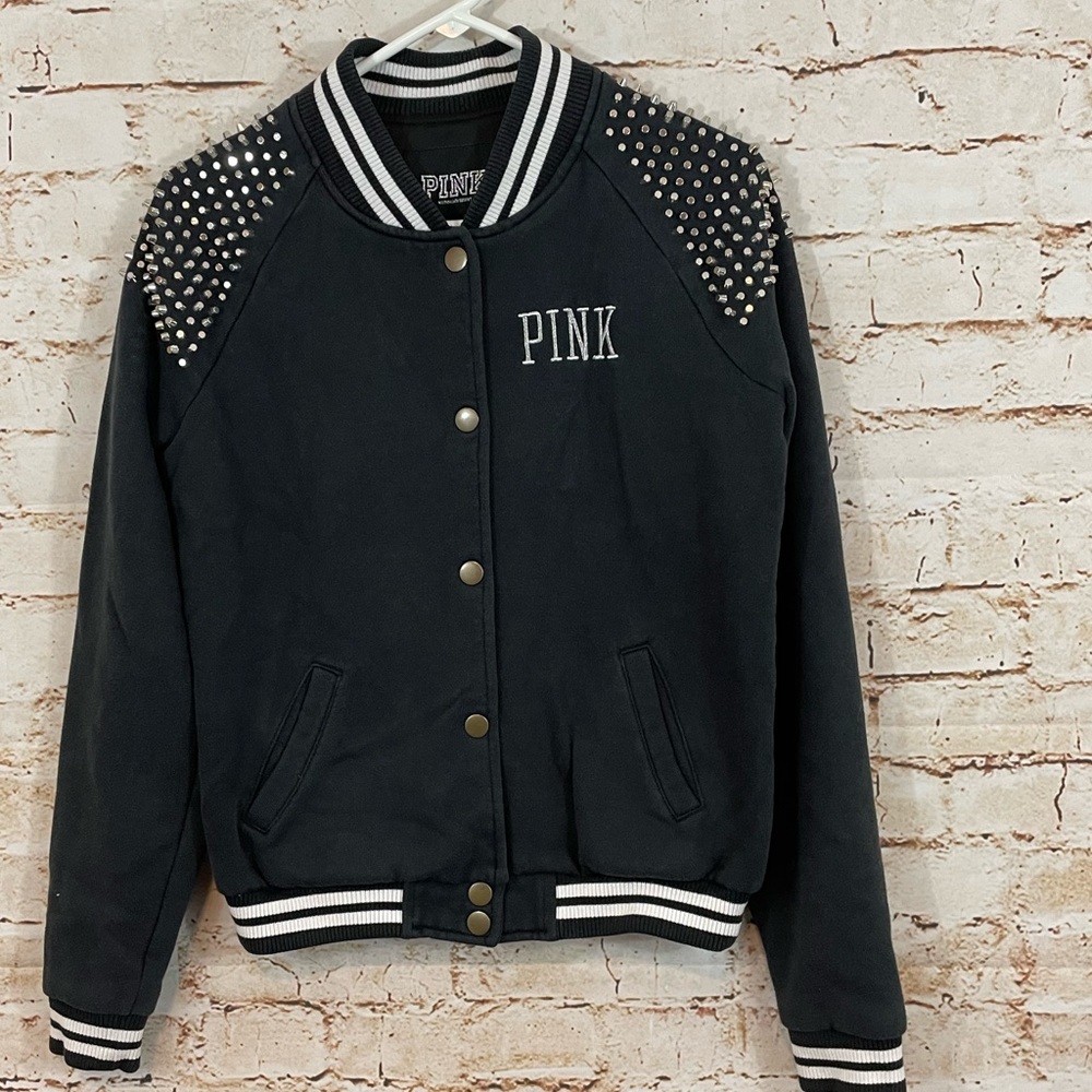 Victorias Secret Pink black varsity coat small Bomber STUDS Bling snap jacket